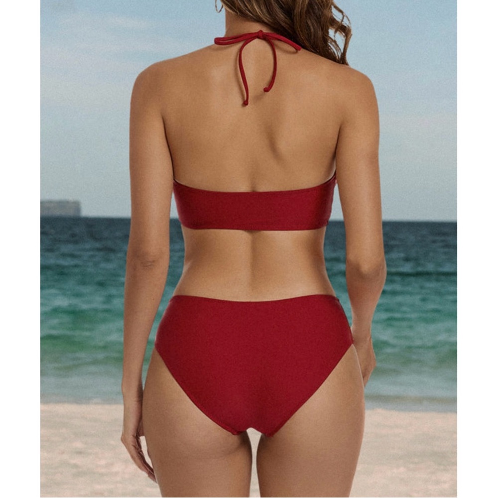Beachsissi Dark Red Mesh Patchwork Solid Color Bi… - image 3